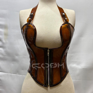 Compre Nuestro Corsé de Lencería de Vinilo PVC Marrón con Cierre Frontal, Tirantes Halter y Varillas de Acero en la Parte Superior - Product Image 3