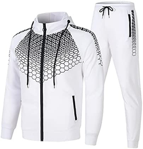 Custom Men's White <b>Tracksuit</b> Set Full Zip Hoodie and Jogger Pants Geometric Hexagon Print Sportswear Premium Fitness Training - Product Image 1