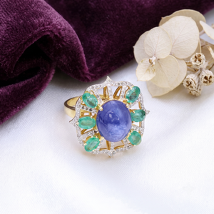 Anillo de Plata de Ley 925 de Dos Tonos con Cabujón Natural de Cianita, Esmeralda y Diamantes, Joyas Memoria, Venta al Por Mayor - Product Image 5