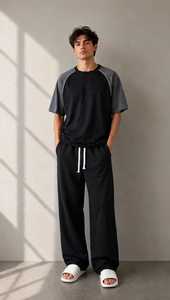 Conjunto de camiseta de manga corta con bloques de color y pantalones con cordón para hombre, corte holgado, transpirable, informal, de algodón. - Product Image 3
