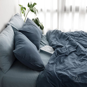 Washed Linen-Like Bedding Set 3 Pieces 2 Pillow cover Fitted <b>Bed</b> <b>Sheet</b> Soft Premium 100% Cotton Washed King <b>Queen</b> Indigo check - Product Image 6