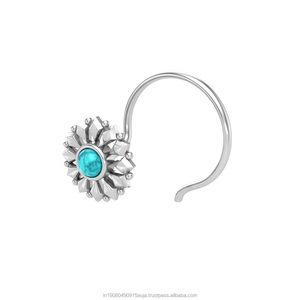 Indian Mores 925 Sterling Silver Flower Shape Turquoise Cup Setting Minimalist Piercing <b>Nose</b> <b>Pin</b> Stud for Women Girls Everyday - Product Image 3