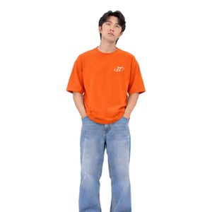 <b>Men's</b> Oversized <b>Bright</b> Orange Crew Neck T <b>Shirt</b> with Relaxed Fit Light Blue Jeans Casual Streetwear Outfit - Product Image 1