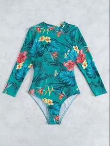 OEM Girls Pink Tropical Floral One Piece <b>Swimsuit</b> <b>Long</b> <b>Sleeve</b> Round Neck Anti UV Spandex Polyester Print Swimwear - Product Image 2