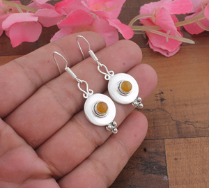 925 <b>Sterling</b> <b>Silver</b> Gold Plated Blue Lace Agate Vintage Disc Drop Earrings | Handcrafted Gemstone Dangle Earrings for Gift - Product Image 3