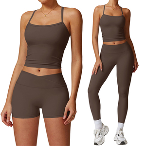 Yoga Sets 3 Pieces Sets Yoga Leggings Shorts for Women Fitness Tops Yoga Tights Workout Vest with Chest <b>Pad</b> for Ladies - Product Image 4