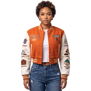 Wholesale Custom Women's Varsity <b>Jacket</b> Letterman Style wool <b>Leather</b> Sleeves Embroidered Logo <b>Winter</b> women Crop Varsity <b>Jackets</b> - Product Image 4