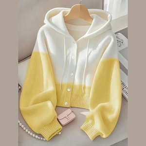 เสื้อสเวตเตอร์ถักมีฮู้ดสำหรับผู้หญิง สีไล่ระดับ แขนยาว สวมใส่สบายๆ ในฤดูใบไม้ร่วง สีขาว สีม่วง คอปกติดกระดุม ความยาวปกติ - Product Image 3
