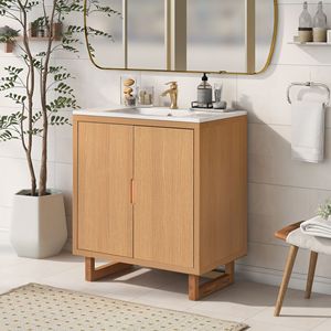 Mobile Bagno da 30 Pollici con Struttura in Legno Massello, Lavabo e Armadietto Contenitore Integrati - Product Image 1