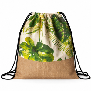 Sac à cordon en coton naturel et jute 140 GSM 38x42 cm, impression CMYK tropicale, logo personnalisé, promotionnel, vente en gros, marque privée, en vrac - Product Image 2