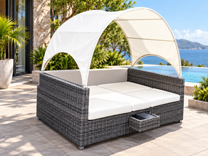Chaise longue moderne en rotin PE avec coussin en mousse à mémoire de forme et auvent résistant aux UV, mobilier de patio extérieur - Product Image 2