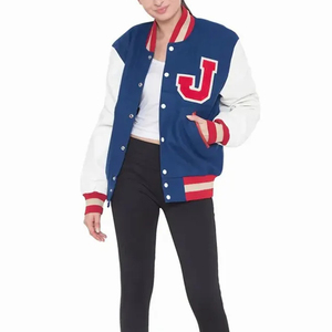 Veste universitaire unisexe bleu blanc rouge avec lettre J brodée, style preppy, col rabattu, manches régulières, vêtement d'automne - Product Image 3