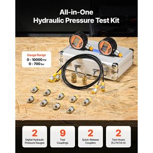Manometro Digitale Idraulico per Kit di Accoppiamento di Prova 10000 PSI, Tester con 2 Manometri, 9 per Accoppiamenti di Prova Macchine Edili - Product Image 1