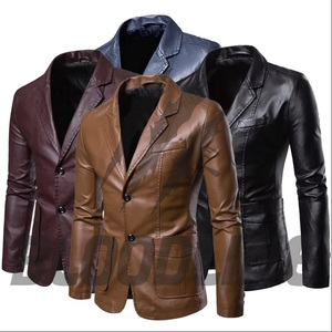 Men's Burgundy PU Leather Blazer Slim Fit Turn-<b>down</b> Collar Single Breasted Smart Casual Jacket Autumn Wear - Product Image 6