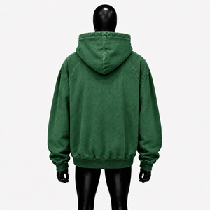 Sudadera con capucha oversize verde lavado estilo vintage streetwear de ajuste holgado con cremallera completa y bolsillos dobles con parche - Product Image 2