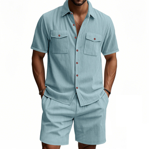 Ensemble décontracté rayé bleu clair pour homme, tenue d'été décontractée, coton tissé respirant, costume deux pièces - Product Image 1