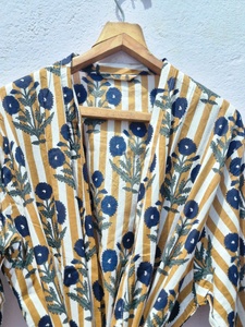 Peignoir Kimono en Coton à Motifs Floraux, Robe Rayée Jaune Légère, Robe de Chambre d'Été, Tenue de Détente Bohème pour Spa - Product Image 4