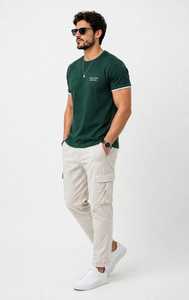T-shirt à manches courtes pour homme, vert foncé, col rond, avec bordure blanche contrastée - Product Image 2