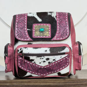 Super September Real Hair on Cowhide Leather <b>Tooled</b> Floral 2 Piece Matching Luggage <b>Set</b> Travel Weekender Duffel & Backpack Bag - Product Image 4