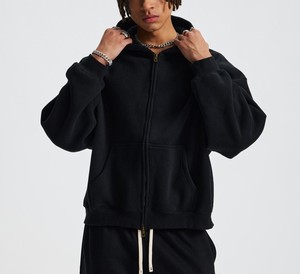 Sweat-shirt à capuche zippé oversize pour homme, marron uni, décontracté, avec poche kangourou, service de marquage et d'emballage personnalisés disponible - Product Image 3