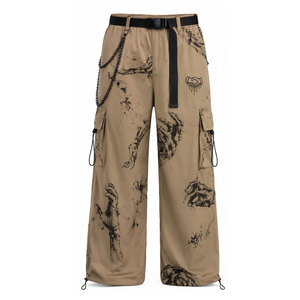 Pantalones Cargo de Pierna Ancha para Hombre, Cintura Elástica, Múltiples Bolsillos, Estampado de Esqueleto Dibujado a Mano, Estilo Urbano, Pantalones de Lona Transpirables para Verano - Product Image 2