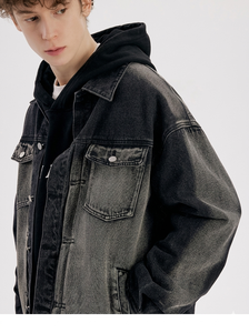 Veste en jean délavé pour homme, à capuche, col rabattu, fermeture à boutons simple, style décontracté, pour l'automne - Product Image 3