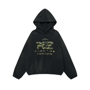 เสื้อฮู้ดโอเวอร์ไซส์สีดำสำหรับผู้ชาย ผ้าฝ้ายเฟรนช์เทอร์รี่ สวมใส่สบาย พิมพ์ลายพรางด้านหน้า เหมาะสำหรับใส่ในฤดูใบไม้ร่วง - Product Image 1