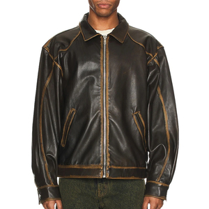 Customized Fading Seams Breathable Coated Genuine <b>Leather</b> <b>Jacket</b> for <b>Men</b> Vintage Style Loose Fit Front - Product Image 3