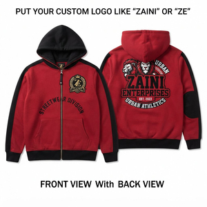 Premium Quality 330g Woven Zipper <b>Hoodie</b> <b>Red</b> Black Panelled Custom Embroidery Logo Eco-Friendly Breathable Streetwear Sweatshirt - Product Image 1