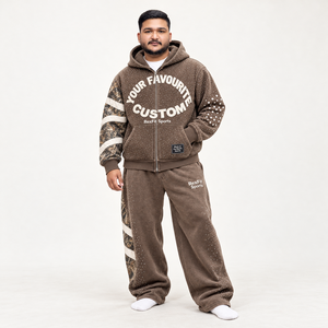 Ensemble de survêtement zippé délavé pour homme en molleton teint, comprenant un sweat à capuche et un pantalon de survêtement ample, avec impression DTF personnalisée, style streetwear décontracté, ensemble deux pièces - Product Image 3