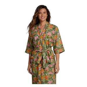Meilleur prix Robe kimono en coton à imprimé floral pour femmes Col en V Manches trois quarts Longueur genoux Vêtement décontracté Saison printemps - Product Image 1