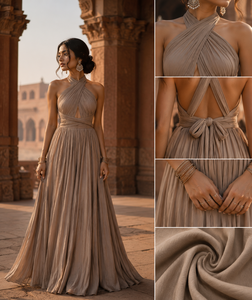 Robe longue élégante beige à col halter et dos nu pour femme, robe de soirée plissée de luxe style bohème pour les fêtes estivales et les tenues de villégiature - Product Image 3