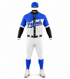 Ensemble d'uniformes de baseball pour hommes, maillot en polyester respirant à manches courtes, rayé blanc et bleu avec fermeture à boutons - Product Image 1
