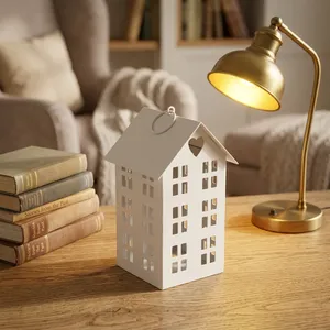 Portavelas de Hierro con Forma de Casa Blanca, Diseño Artesanal, Decoración Navideña para el Hogar, Ligero, Diseño Cuadrado, Modelo CH885 - Product Image 4