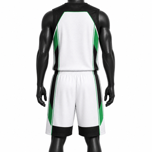 Ensemble de maillots de basket-ball personnalisés pour hommes, blanc, vert, noir, sublimé, col en V, manches courtes, évacuation de l'humidité, coupe régulière, logo sur le devant - Product Image 5