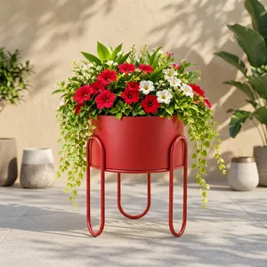 Pot de fleurs moderne en métal rouge avec support en fer sculpté, élégant porte-plantes d'intérieur pour salon, chambre, bureau, balcon - Product Image 6