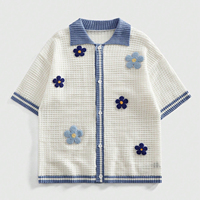 Chemise décontractée pour homme en flanelle de laine/coton tricotée vintage, respirante, à carreaux, avec broderie florale, maille texturée, manches longues boutonnées