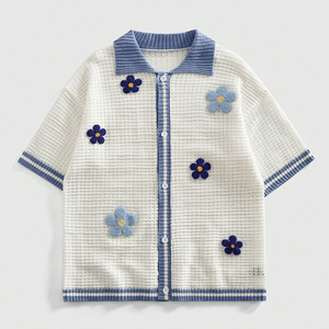 Camisa Polo de Punto Vintage para Hombre, Bordado Floral, Malla Texturizada, Manga Corta, Abotonada, Estilo Casual Urbano - Product Image 1