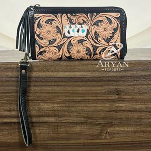 กระเป๋าสตางค์หนังแท้ลายดอกไม้สไตล์วินเทจทำมือพรีเมียม พร้อมซิป สายคล้องมือ ดีไซน์ใส่บัตร  กระเป๋าถือสำหรับผู้หญิง - Product Image 1