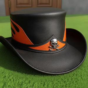 Chapeau haut de forme en cuir noir fait main de qualité supérieure, personnalisé, avec crâne flamboyant orange, style motard, steampunk, gothique - Product Image 1