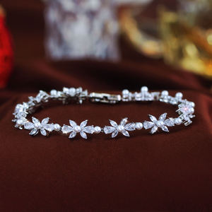 AMBER JEWELS Unisex 925 <b>Silver</b> Moissanite Flower <b>Charm</b> <b>Bracelet</b> with Freshwater Pearl Marquise Cut Claw Setting Romantic Wedding - Product Image 4