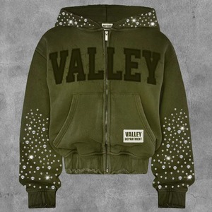 Sweat à capuche personnalisé brodé de strass pour homme, épais, à double fermeture éclair, effet délavé soleil, streetwear de haute qualité 100% - Product Image 6