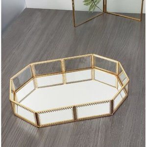 Bandeja decorativa de lujo con marco octogonal dorado y vidrio estriado para decoración del hogar y bandeja organizadora de metal de latón para bodas. - Product Image 6
