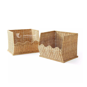 Modern Rectangle Stackable Rattan Woven <b>Storage</b> Baskets Luxury Wicker Modular Organizer <b>Bin</b> Scalloped Front Open Rim <b>Storage</b> - Product Image 1