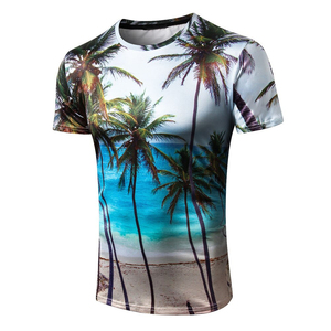 T-shirt personnalisé pour homme, coupe ajustée, manches courtes, imprimé feuilles tropicales, col rond, respirant, tricoté, décontracté, pour l'été - Product Image 1