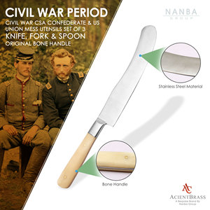 Ensemble de couverts 3 pièces en acier inoxydable avec manche en os, style antique inspiré de la guerre civile - Couteau, fourchette, cuillère - Cadeau de camping - Product Image 3