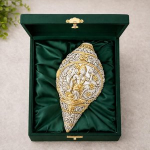 หัตถกรรมทำมือ ชุบทองคำ 24K เงินแท้ 999 ฮานูมาน ชังค์ ขนาด 4.6 นิ้ว เปลือกหอยสีทูโทน ของตกแต่งสำหรับห้องพุจาและเทศกาลดีวาลี - Product Image 1