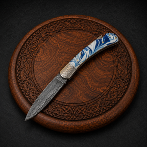 Custom Handmade Damascus Steel Folding Pocket <b>Knife</b> with Blue & White Resin <b>Handle</b> Leather Sheath, OEM ODM Manufacturer - Product Image 4