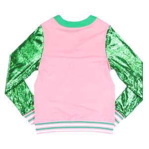 AKA Pink <b>Sequin</b> Cardigan for Women Green Glitter Sleeves Button Front Varsity Style <b>Jacket</b> Pink Green White - Product Image 2