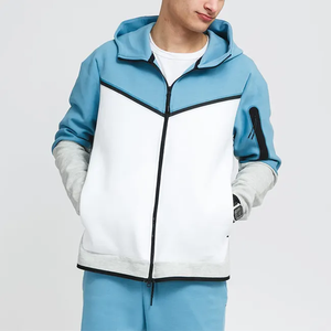 Ensemble de survêtement pour homme en polaire technique bleu clair et blanc, veste à capuche zippée et pantalon de jogging ajusté à revers, vêtements de sport - Product Image 4
